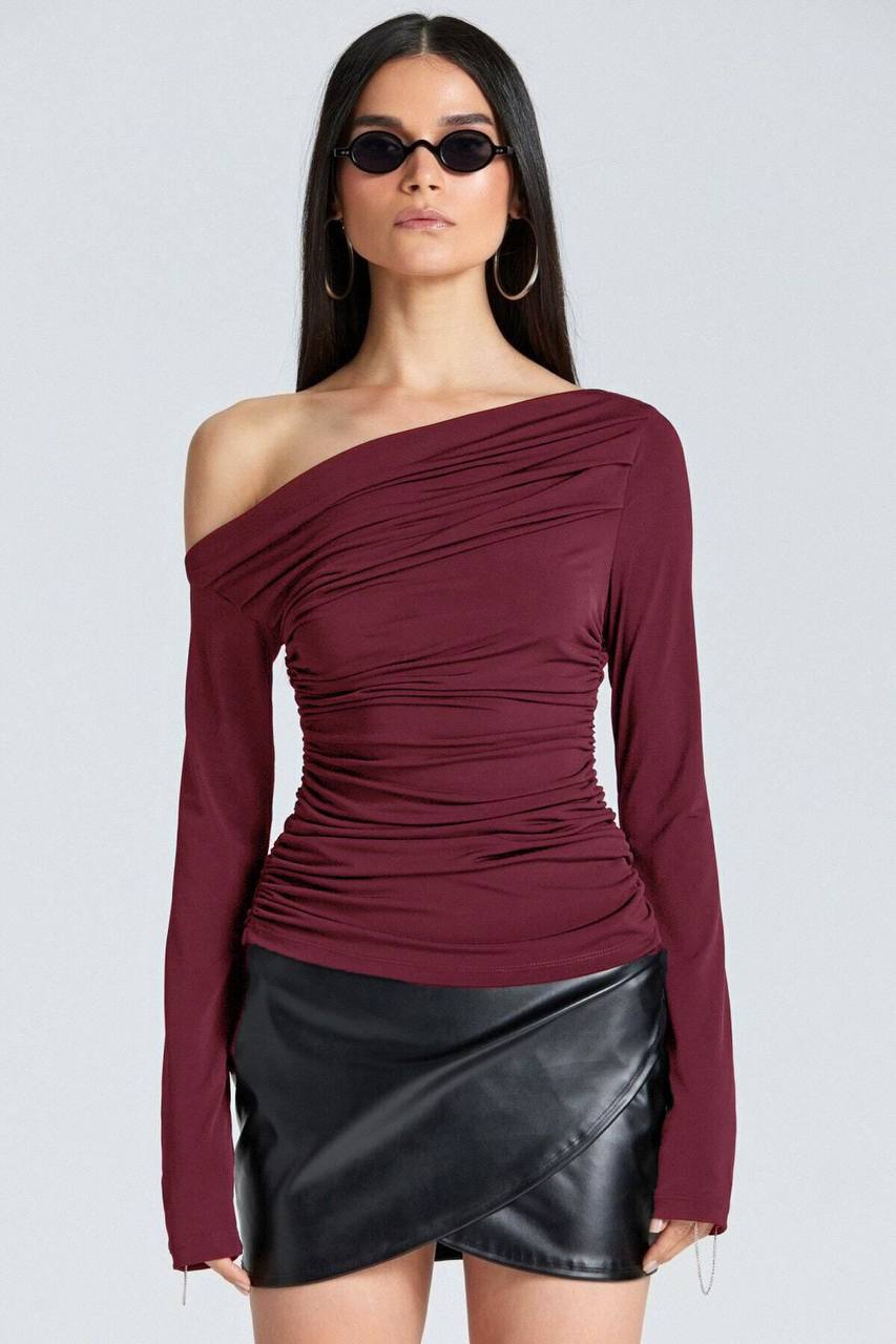Ruched Offshoulder Asymmetrical Slinky Top